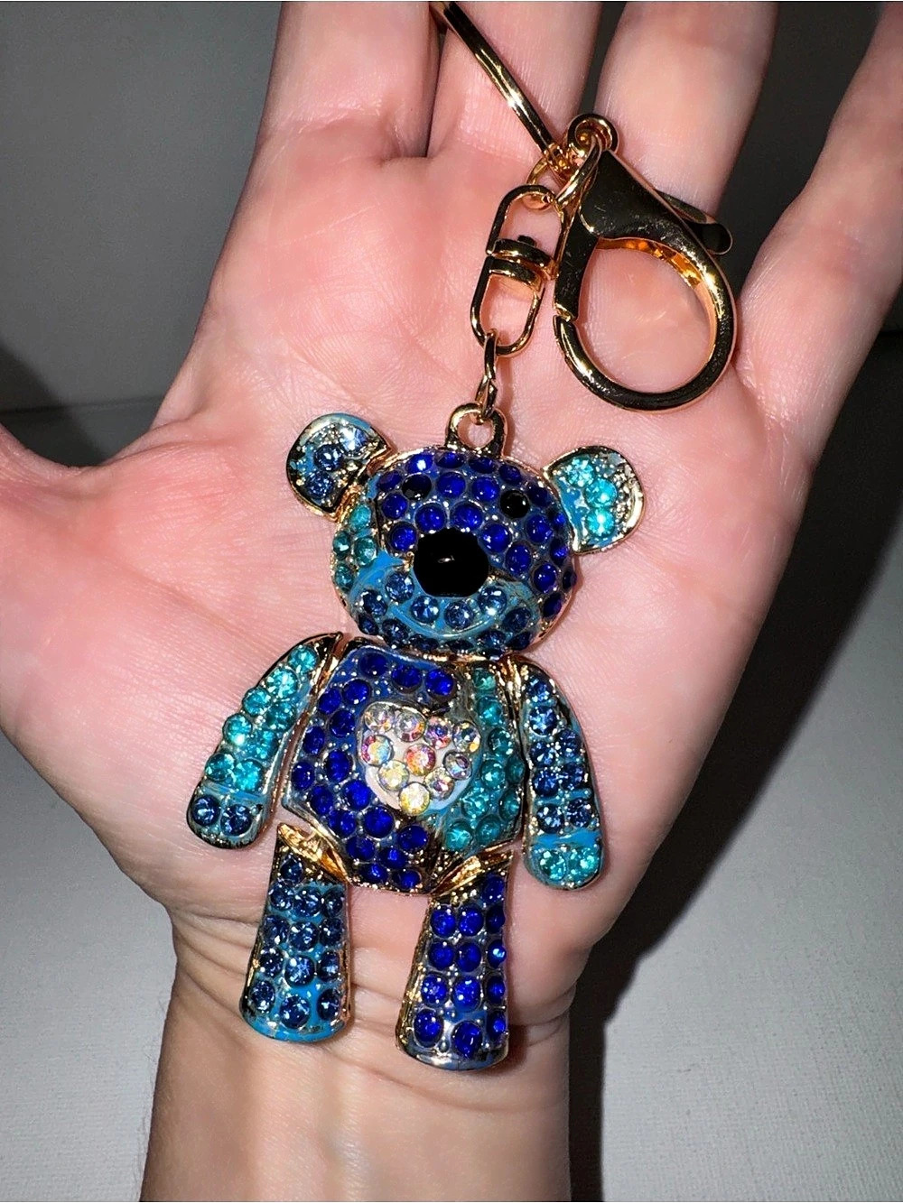 Rhinestone Bear Keychain Bag Charm Blue & Gold Bling - Picture 2 of 3